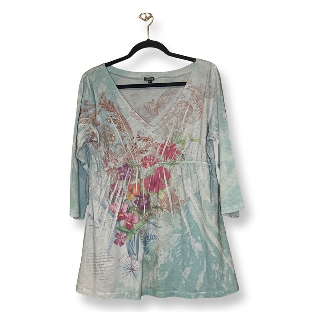 Yukiko Floral Print Tunic‎ Top V Neck 3/4 Sleeve Women's Size L